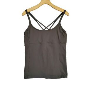 ALO Women's Gray Cross Back Straps Round Neck Built In Bra Tank Top Large